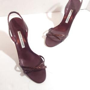 Manolo Blahnik burgundy strappy heel sandals